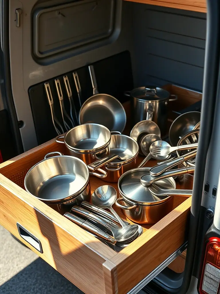 A set of stackable, nesting cookware and utensils neatly organized in a van's drawer, showcasing space-saving design and efficient storage solutions for van life kitchens.