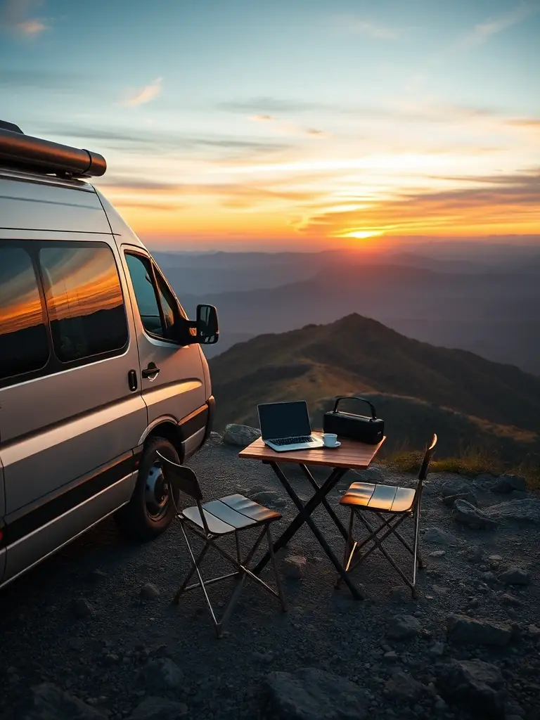A photo of a van parked at a scenic overlook with outdoor furniture and tech gadgets set up for a relaxing break, showcasing travel accessories.