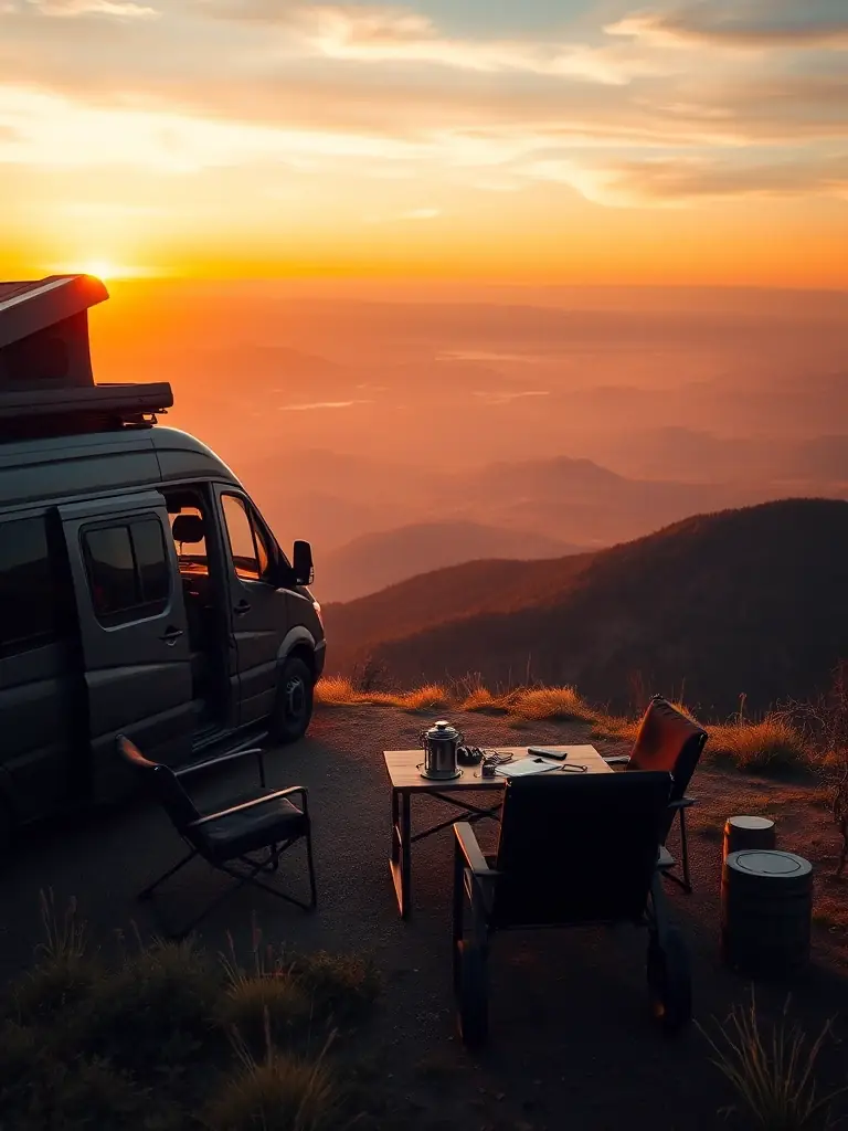 A vibrant image of a van parked at a scenic overlook, with outdoor furniture and tech gadgets set up for a relaxing break. The scene should evoke a sense of freedom and relaxation.