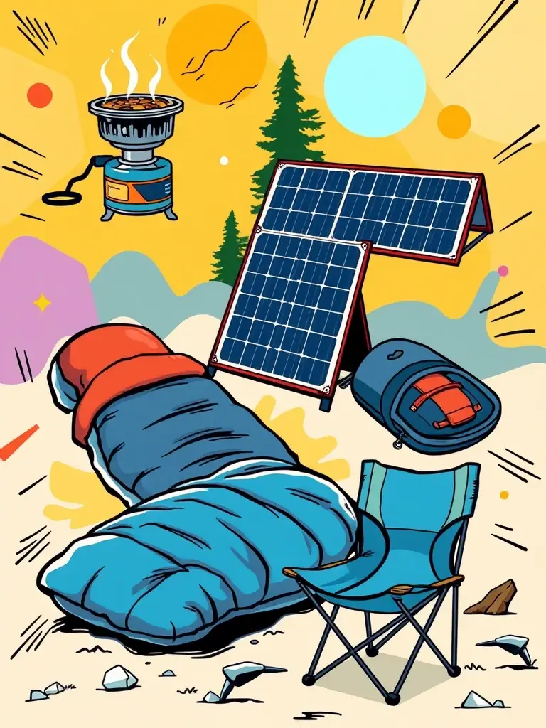 A collage of images showcasing various van life essentials, including a portable stove, a solar panel, and a comfortable sleeping setup.