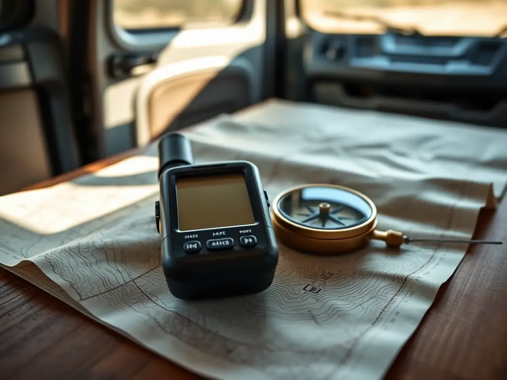 A detailed image of a handheld GPS device and a traditional compass laid out on a map, highlighting the importance of reliable navigation tools for remote van life adventures.
