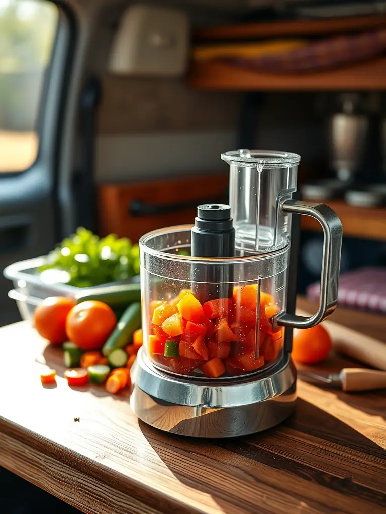 A compact, multi-functional food processor on a van's counter, chopping vegetables for a salad, highlighting its versatility in preparing various meals with minimal equipment.