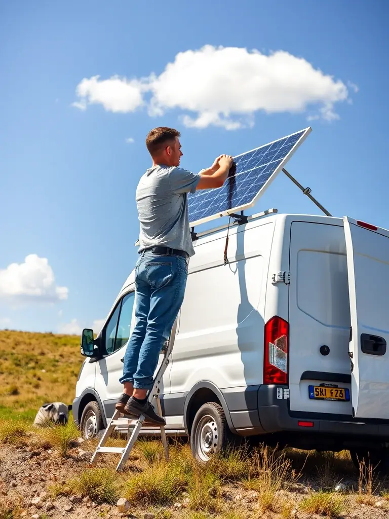 A photograph of a person installing a solar panel on top of a van, with a clear blue sky in the background. The image should convey the practicality and sustainability of solar power for van life.