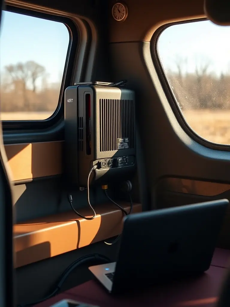 A sine wave inverter converting DC power to AC power inside a van, powering a laptop and other electronic devices, demonstrating efficient energy conversion.