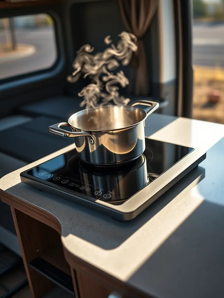A high-quality portable induction cooktop on a van's countertop, with a stainless steel pot simmering a hearty stew, steam rising to illustrate cooking efficiency in a compact space.
