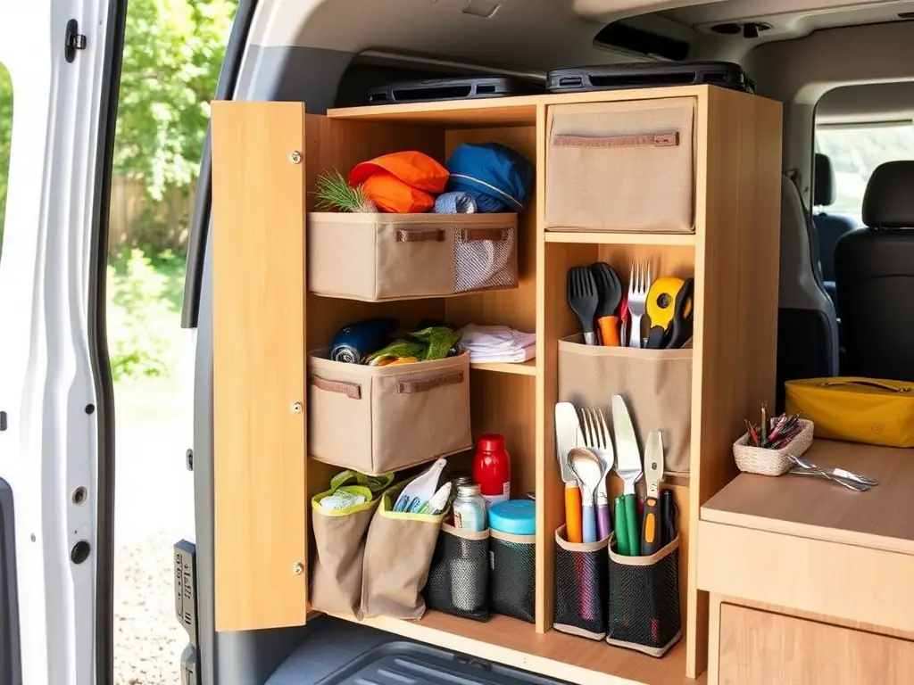 Clever storage solutions inside a van, including foldable organizers and multi-functional compartments, maximizing space and minimizing clutter.