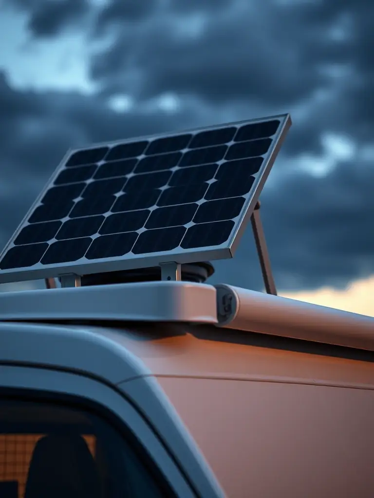 A high-quality image of a portable solar panel set up on top of a van, capturing the essence of sustainable van life.