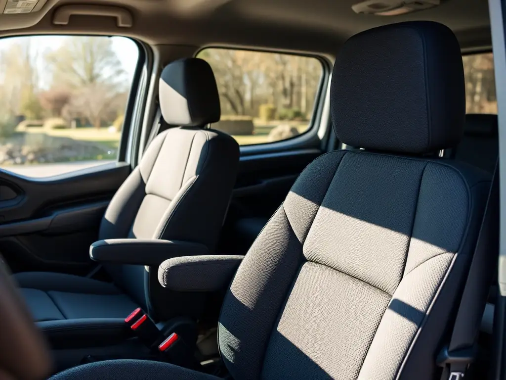 Ergonomic seating arrangement inside a van, featuring adjustable seats and cushions, designed for long drives and comfortable relaxation.