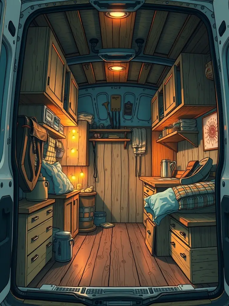 A detailed image of a partially converted van interior, highlighting custom cabinetry, insulation, and space-saving solutions. The photo should inspire creativity and innovation.