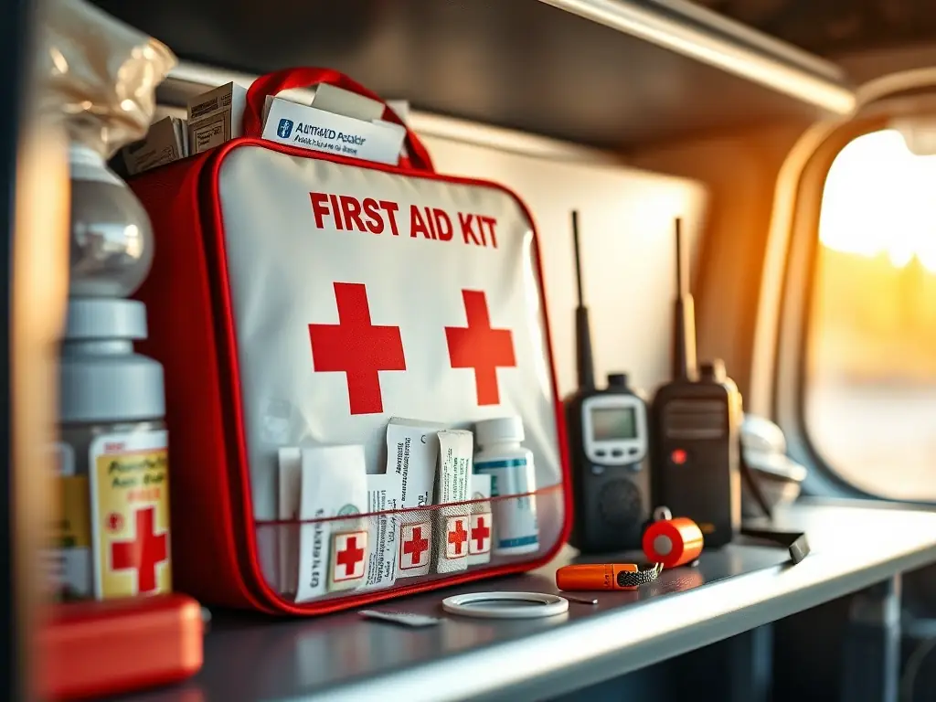 A photograph of a well-stocked first aid kit and emergency communication devices inside a van, emphasizing the importance of safety preparedness for van life travelers.