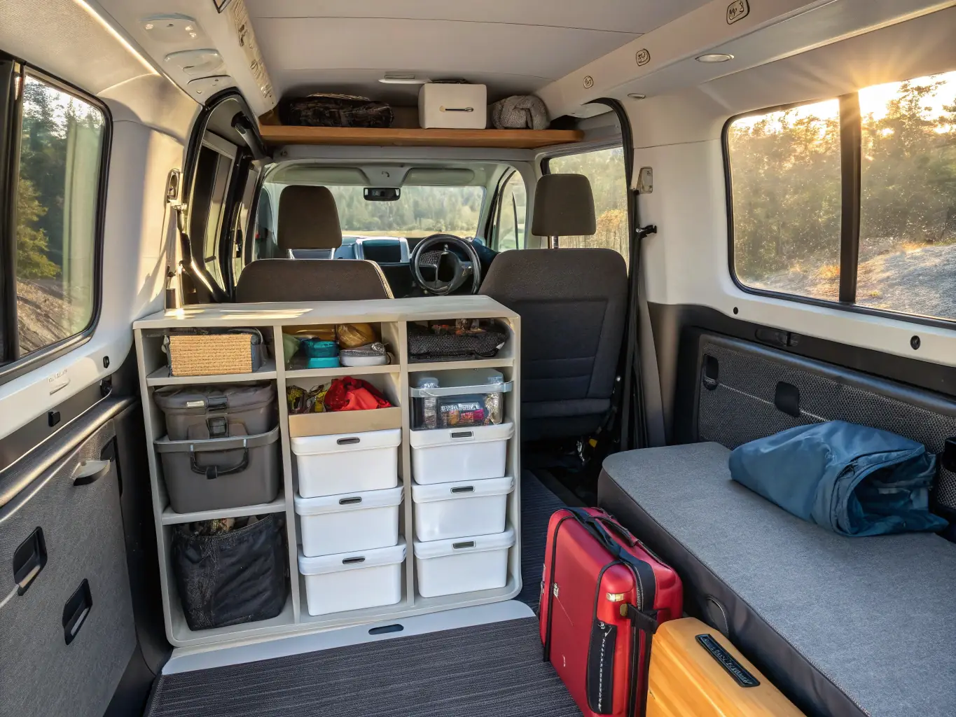 A cozy van interior with comfortable bedding, seating, and ambient lighting, showcasing comfort enhancements for a relaxing van life experience.