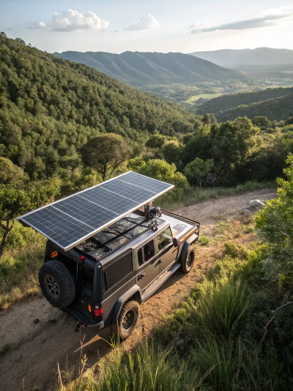 A high-quality solar panel mounted on the roof of a van, capturing sunlight with a scenic mountain backdrop, illustrating sustainable power for van life.