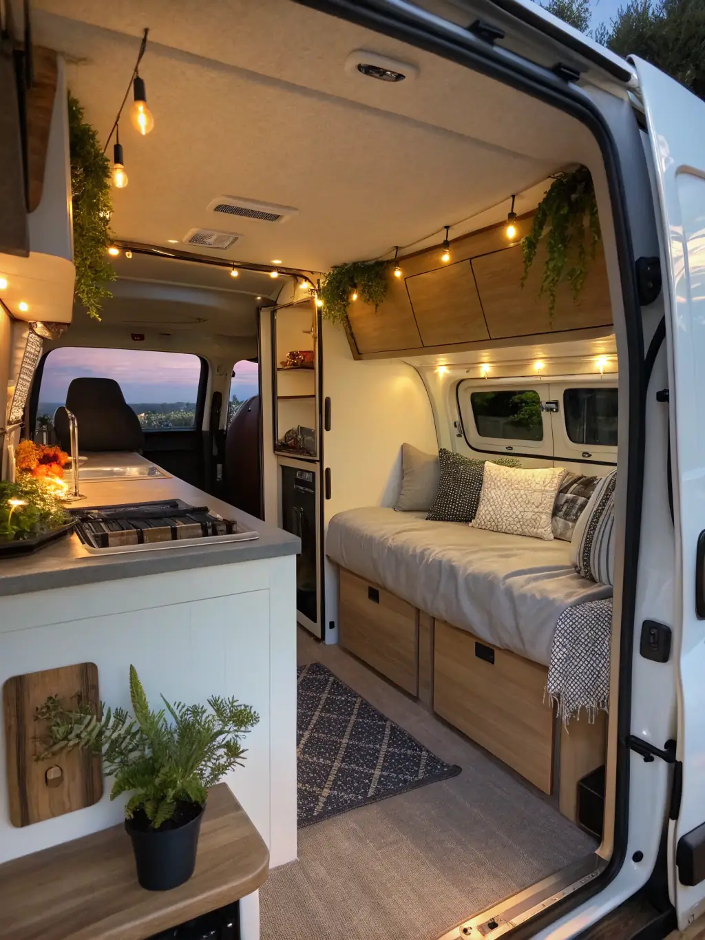 A high-quality photograph of a well-organized van interior, showcasing essential van life gear such as a portable stove, solar panel, and storage containers. The image should convey a sense of adventure and self-sufficiency.