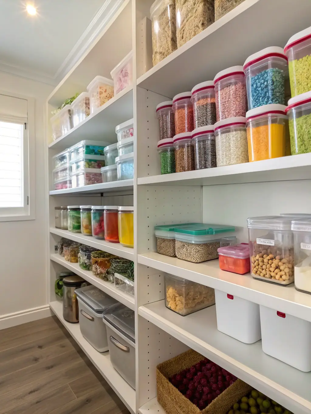 A set of airtight, stackable food storage containers in a van's cupboard, filled with various dry goods, demonstrating how to keep food fresh and organized while traveling.
