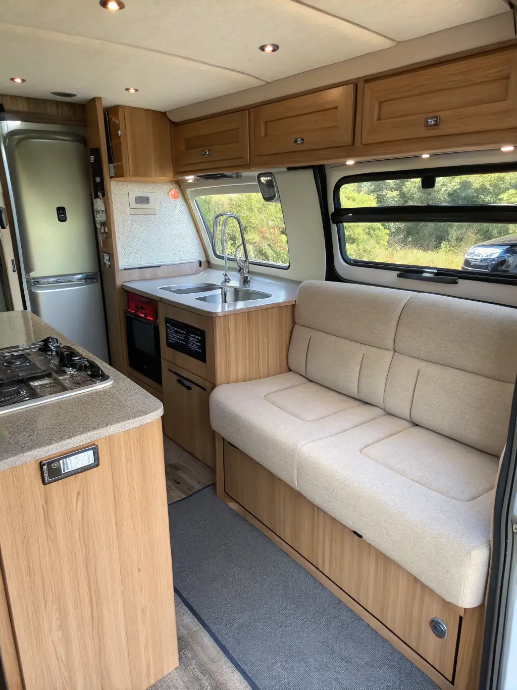 A modern van interior featuring smart security devices and modular furniture setups, highlighting innovative van solutions.