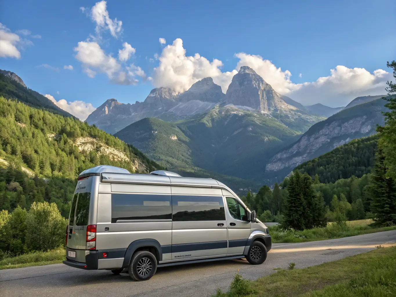 A photograph of a van conversion project designed for mountain adventures, featuring custom storage solutions, a solar power setup, and cozy interior furnishings, highlighting the comfort and functionality of a mobile home.