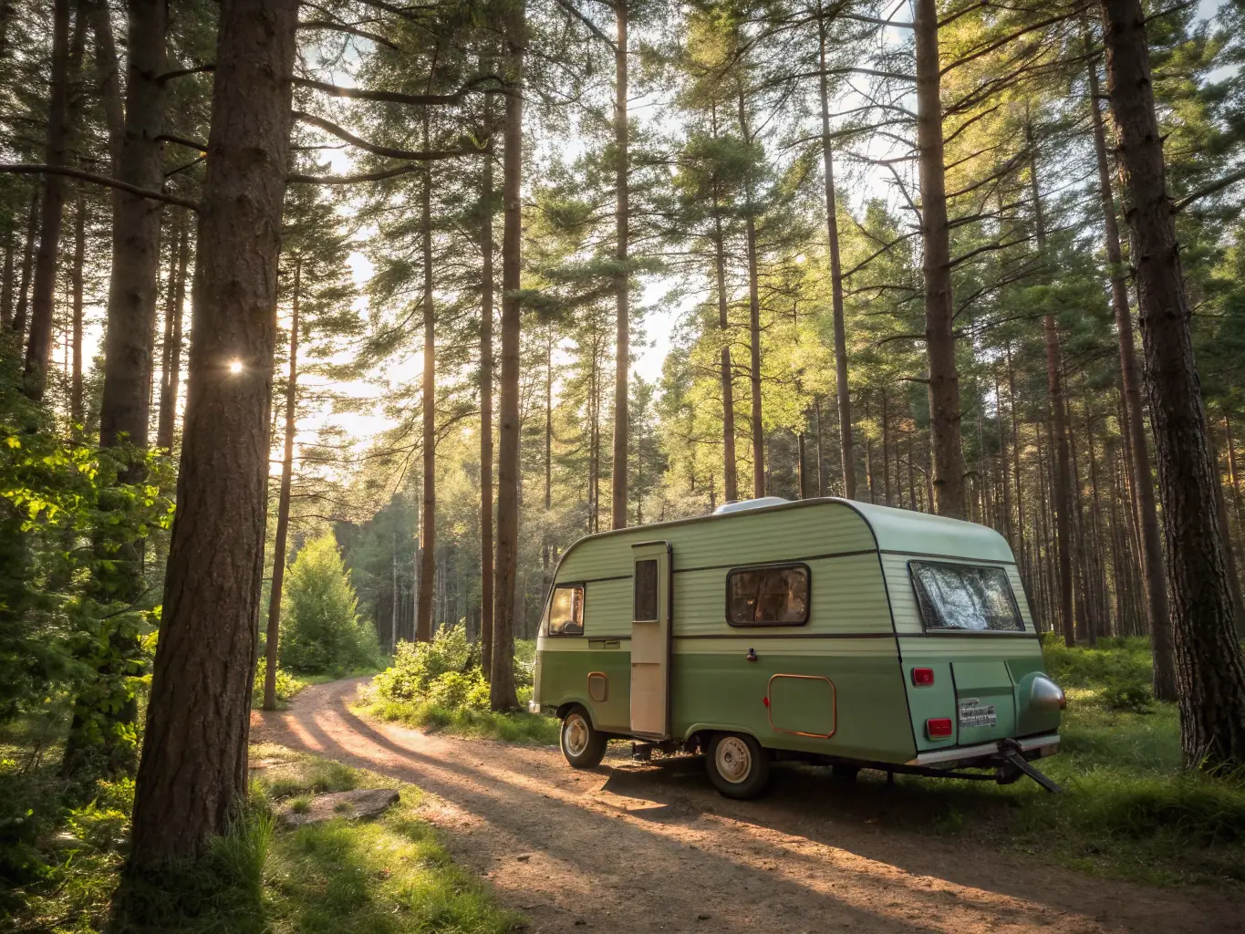 A van parked at a campsite with solar panels visible on the roof, highlighting sustainable living and off-grid capabilities.