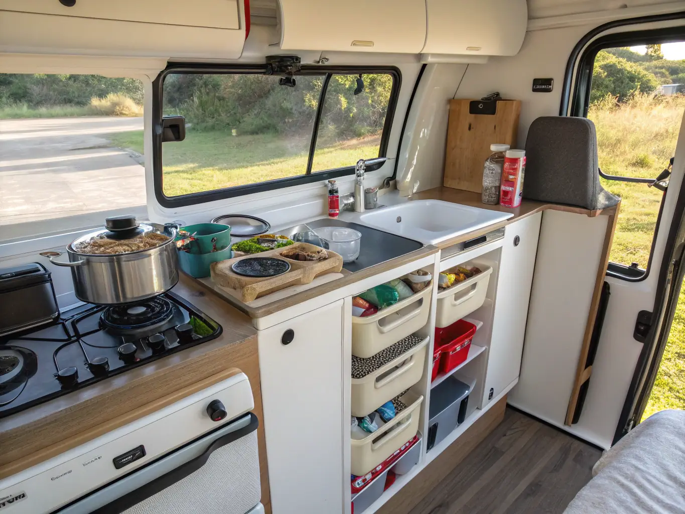 A cozy van interior with a portable kitchen setup, showcasing cooking utensils and fresh ingredients, emphasizing the convenience of on-the-go meals.