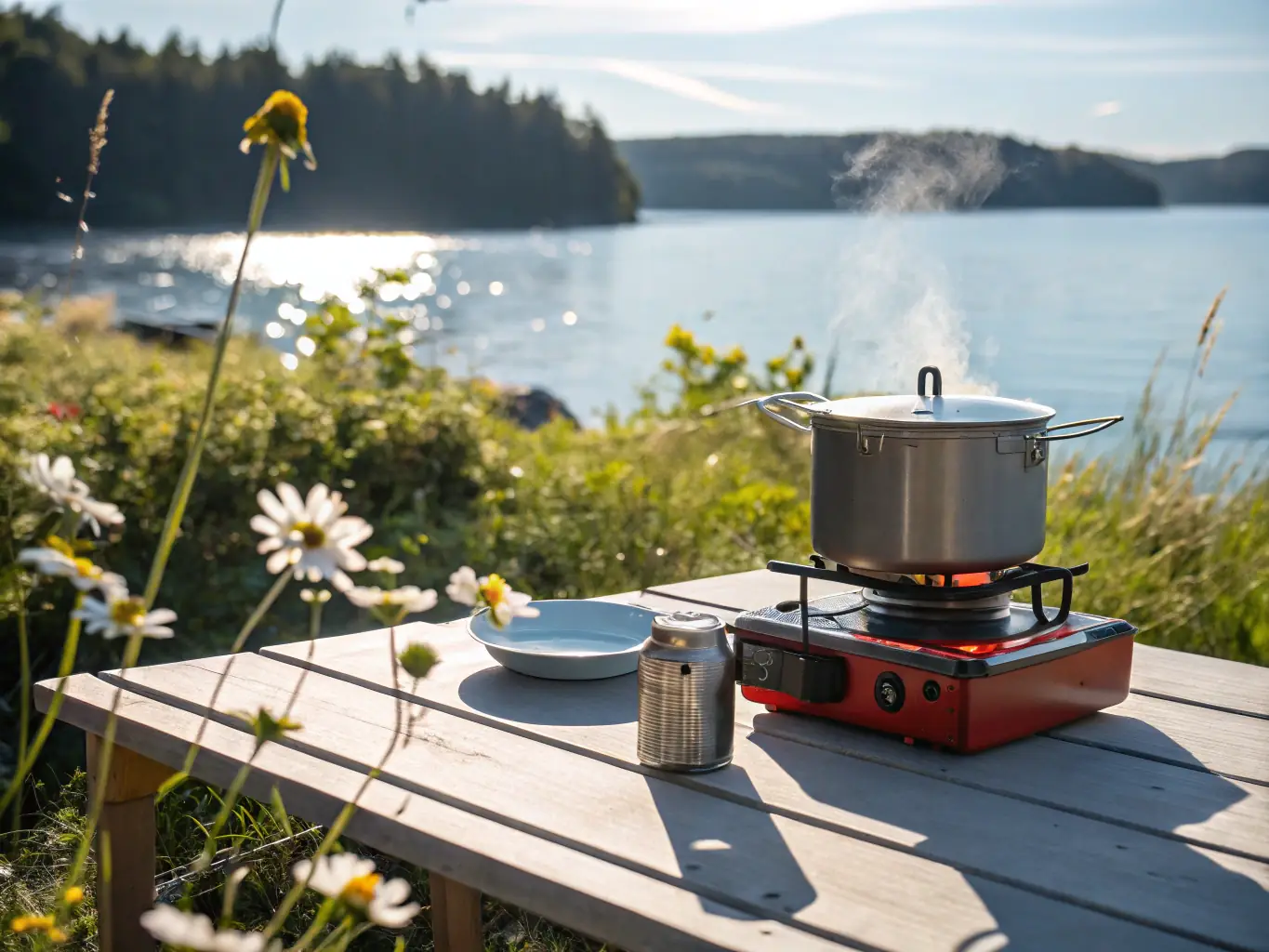A high-quality photograph showcasing a person setting up a portable camping stove next to a van in a scenic mountain setting, emphasizing the convenience and practicality of outdoor cooking gear for van life.