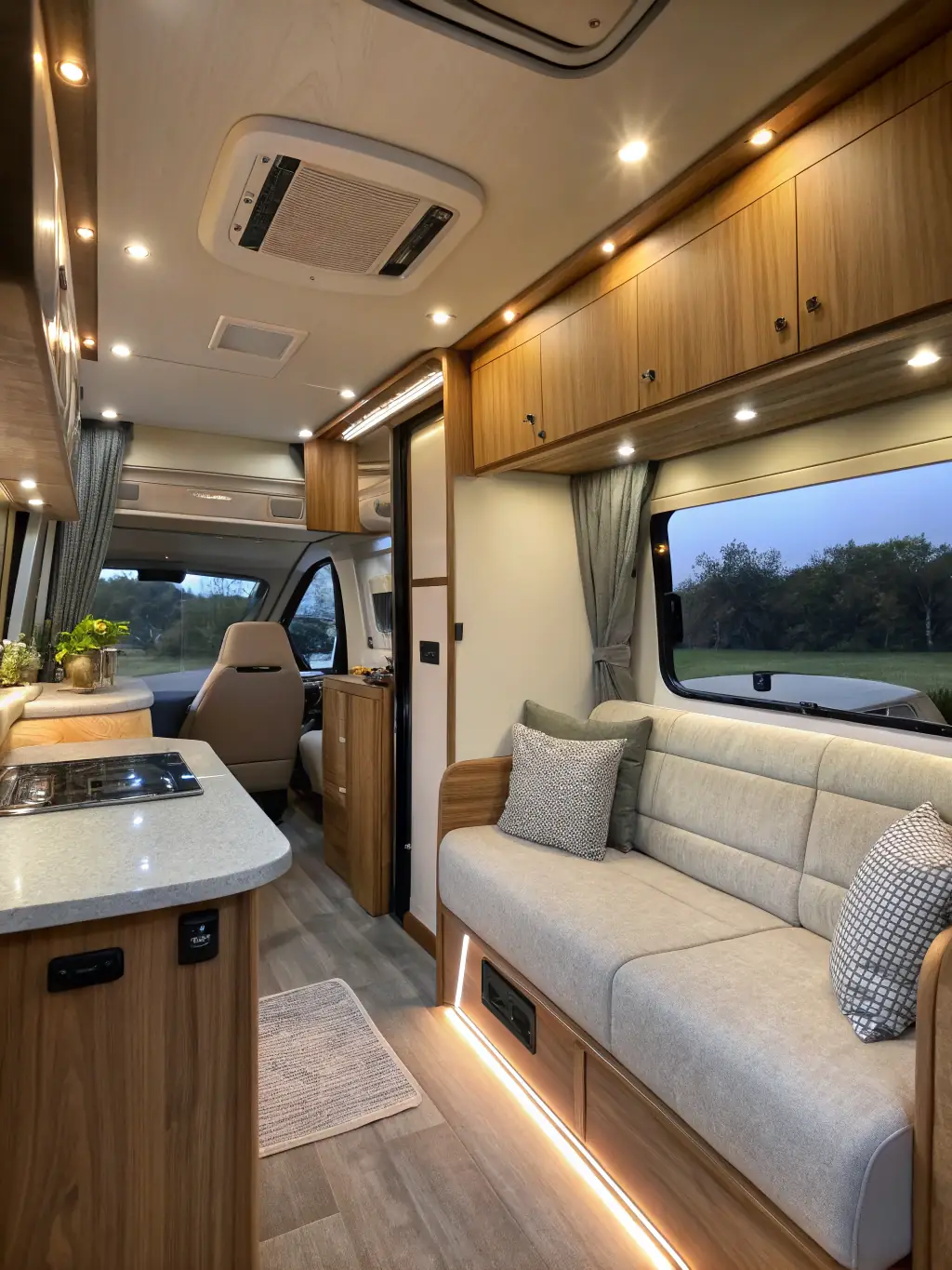 A modern van interior featuring smart security devices and modular furniture setups, highlighting the integration of technology and design for comfortable van living.